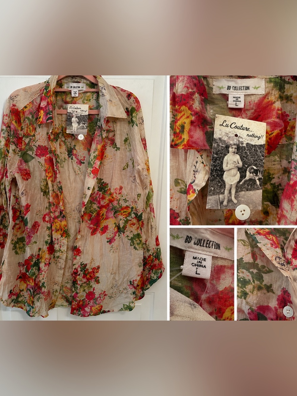 BD Collection Floral Boho Button Front Blouse Sheer Lightweight Size L